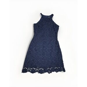 Lulus Womens Medium Navy Blue Floral Crochet Lace Halter A-Line Sleeveless Dress